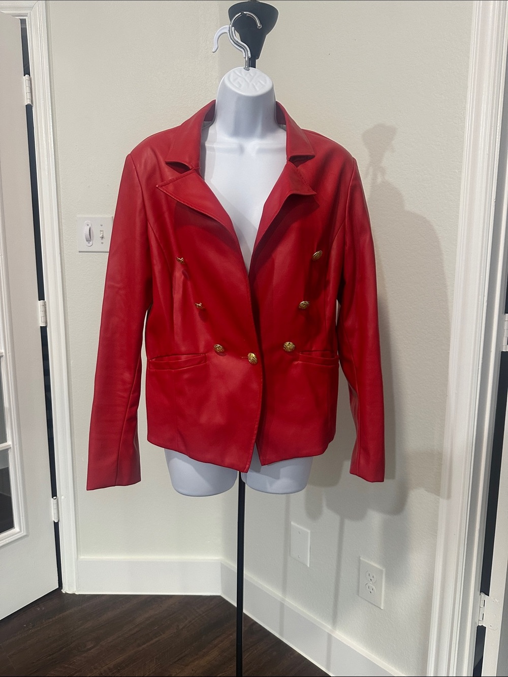 Central Park West Red Faux Leather Double-Breasted Blazer